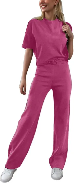2 Piece Outfits For Women 2024 Round Neck T Shirt Elastic Waist Tank Top Wide Leg Pants Lounge Matching Sets