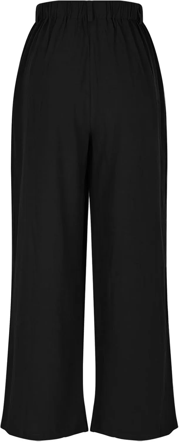 2025 Trendy Pure Color Linen Pants for Women's Elastic Waist Wide Leg Casual Trousers with Pockets, Loose Fit
