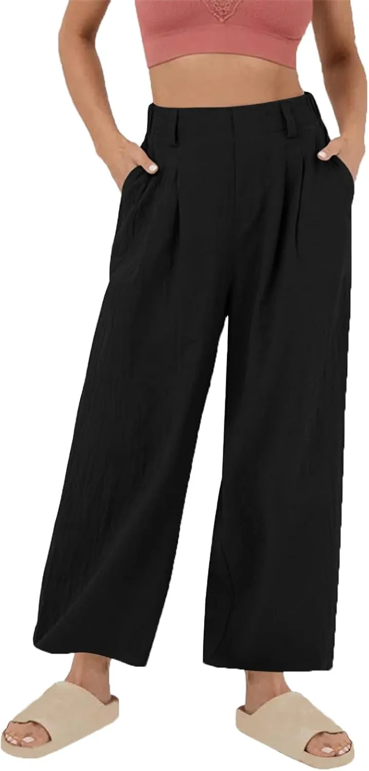2025 Trendy Pure Color Linen Pants for Women's Elastic Waist Wide Leg Casual Trousers with Pockets, Loose Fit