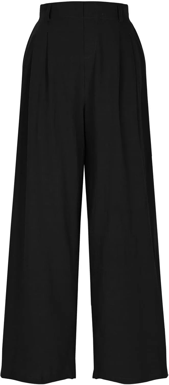2025 Trendy Pure Color Linen Pants for Women's Elastic Waist Wide Leg Casual Trousers with Pockets, Loose Fit