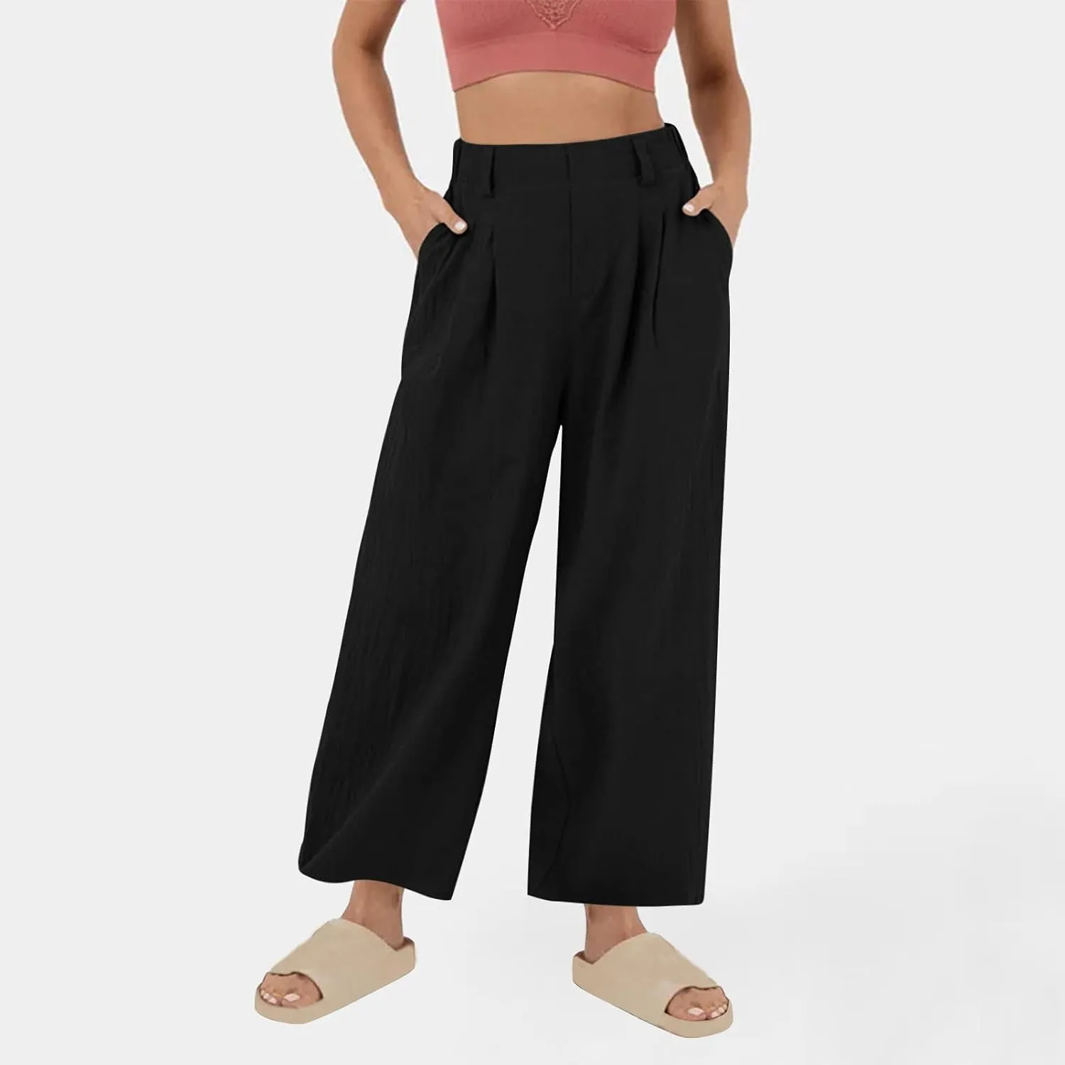 2025 Trendy Pure Color Linen Pants for Women's Elastic Waist Wide Leg Casual Trousers with Pockets, Loose Fit