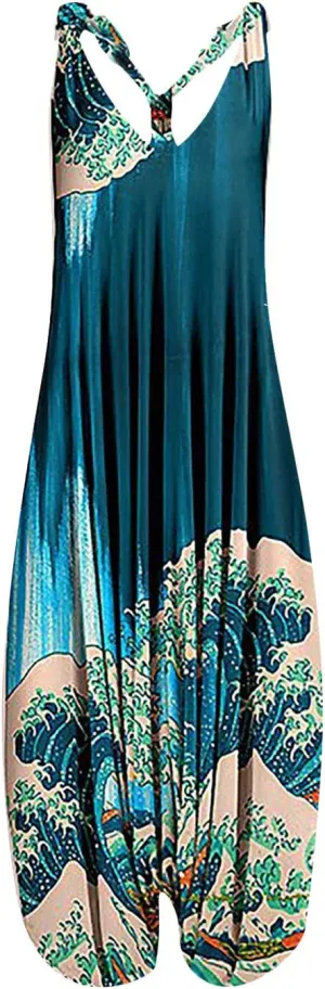 2025 Women Boho Overalls Plus Size Summer Fashion Jumpsuit Loose Fit Rompers Floral Printed Baggy Bohemia Harem Pants