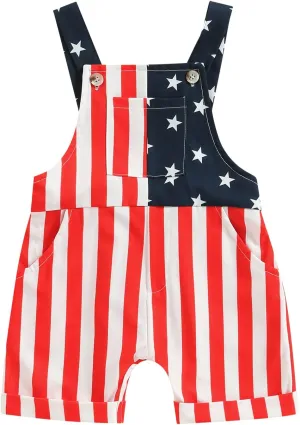4th Fourth of July Baby Girl Boy Outfit American Flag Print Overalls Shorts Pocket Suspender Romper Clothes