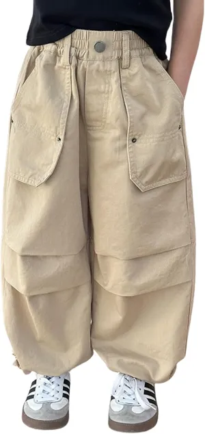ACESTAR Girls Parachute Pants Elastic Waistband Wide Leg Pants Kids Ruched Baggy Cargo Pants for Girls 3-10 Years
