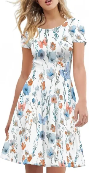 AFPANQZ Dresses Women Summer Short Sleeve Scoop Neck Flared Swing Hawaiian Tee