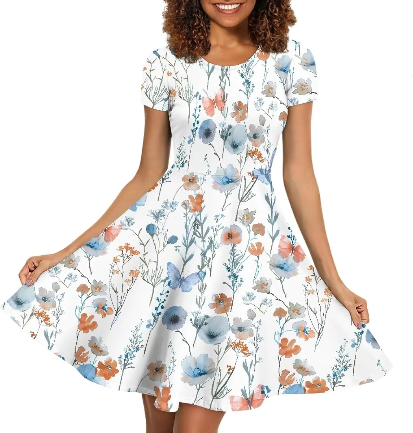 AFPANQZ Dresses Women Summer Short Sleeve Scoop Neck Flared Swing Hawaiian Tee