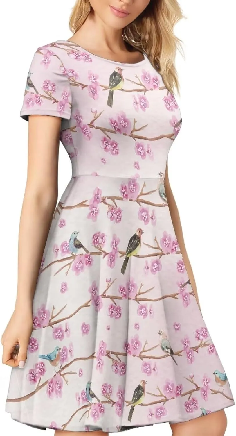 AFPANQZ Dresses Women Summer Short Sleeve Scoop Neck Flared Swing Hawaiian Tee