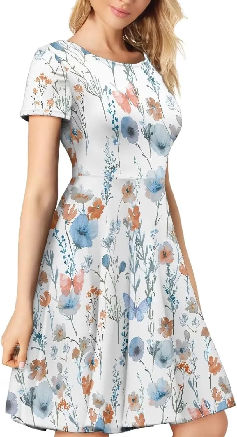 AFPANQZ Dresses Women Summer Short Sleeve Scoop Neck Flared Swing Hawaiian Tee