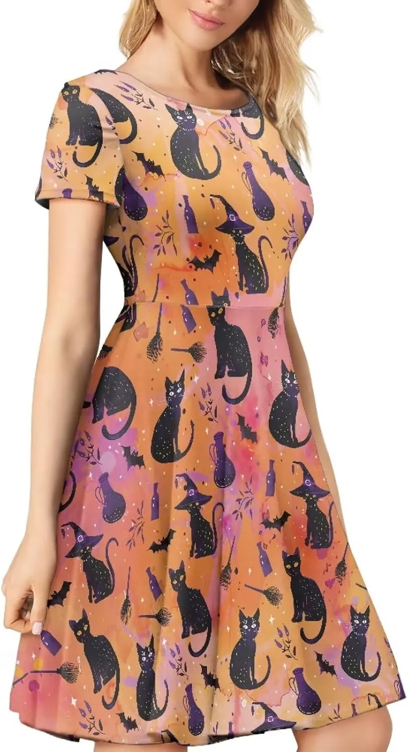 AFPANQZ Dresses Women Summer Short Sleeve Scoop Neck Flared Swing Hawaiian Tee