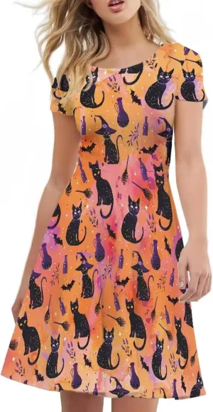 AFPANQZ Dresses Women Summer Short Sleeve Scoop Neck Flared Swing Hawaiian Tee