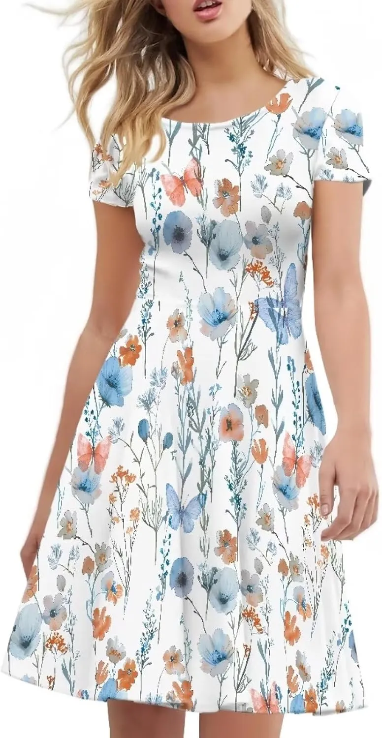 AFPANQZ Dresses Women Summer Short Sleeve Scoop Neck Flared Swing Hawaiian Tee