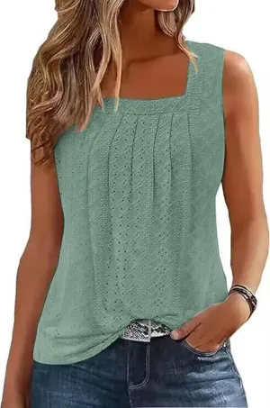 AIMITAG Color Block Ruffled Square Collar Tank Top Women Striped Tank Tee Summer Casual Loose Fit Sleeveless Shirt