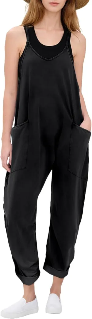 Ainangua One Piece Jumpsuits for Women Casual V Neck Sleeveless Spaghetti Strap Overalls Long Pants Romper with Pockets
