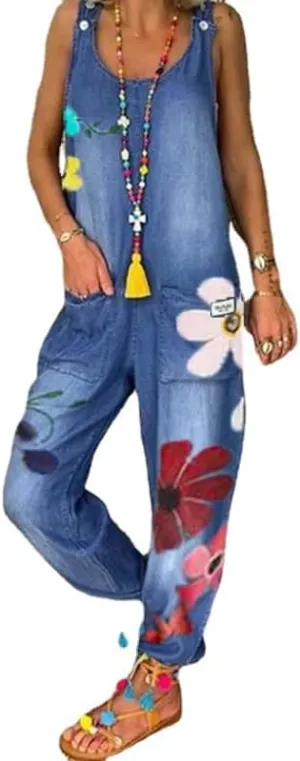 Akivide Women's Denim Baggy Overalls Floral Print Summer Casual Loose Jean Pants Jumpsuits with Pockets Plus Size