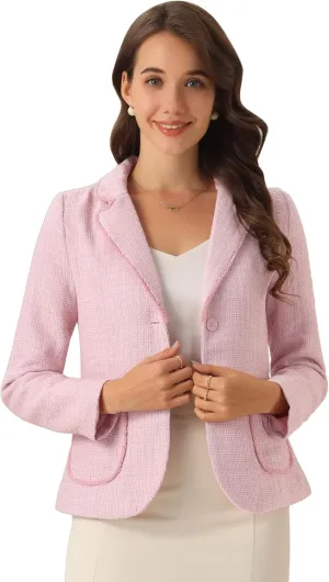 Allegra K Tweed Blazer for Women's Notch Lapel Long Sleeve 2024 Fall Elegant Business Casual Jacket