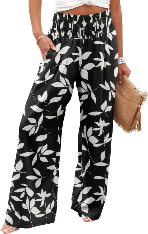 Angerella Womens Elastic High Waisted Palazzo Pants Casual Wide Leg Long Lounge Pant Trousers with Pocket