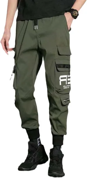 Aoleaky Men's Spring Cargo Pants Casual Streetwear Style with Ribbons Harem Jogging Pants and Multiple-Pocket Trousers