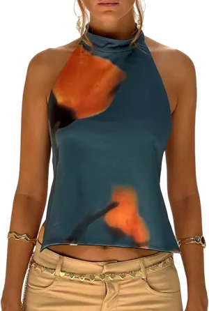Aonoapll Women Y2k Floral Print Halter Top Backless Sleeveless Mock Neck Tank Top Open Back Going Out Vest Tops