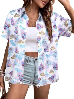 BANGELY Magic Shirt Women Magical Kingdom T-Shirt Funny Graphic Hawaiian Button Down Shirts Family Vacation Short Sleeve Tops