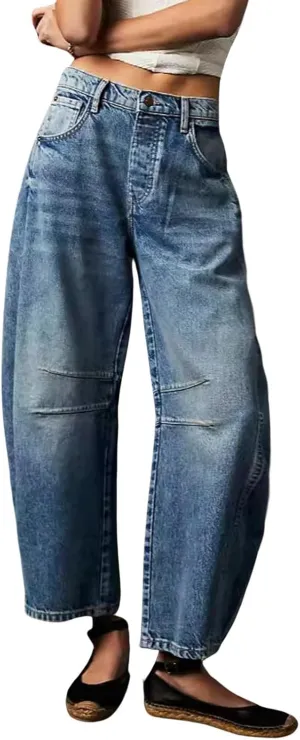 Barrel Jean Pants Women Wide Leg Cropped Jeans Mid Rise Baggy Y2k Boyfriend Denim Pants Vintage Harem Pants Trousers