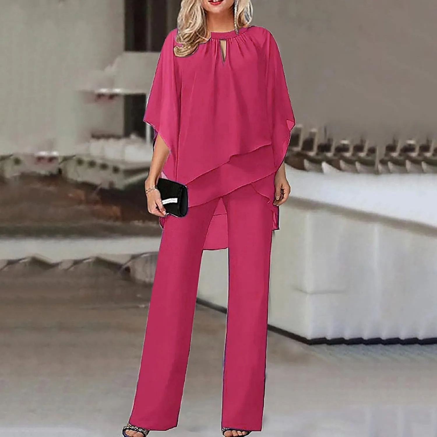 Batwing Chiffon Irregular Cover Up Tops and Wide Leg Jumpsuit for Women Plus Size 2 Piece Outfits Crewneck Pants Set