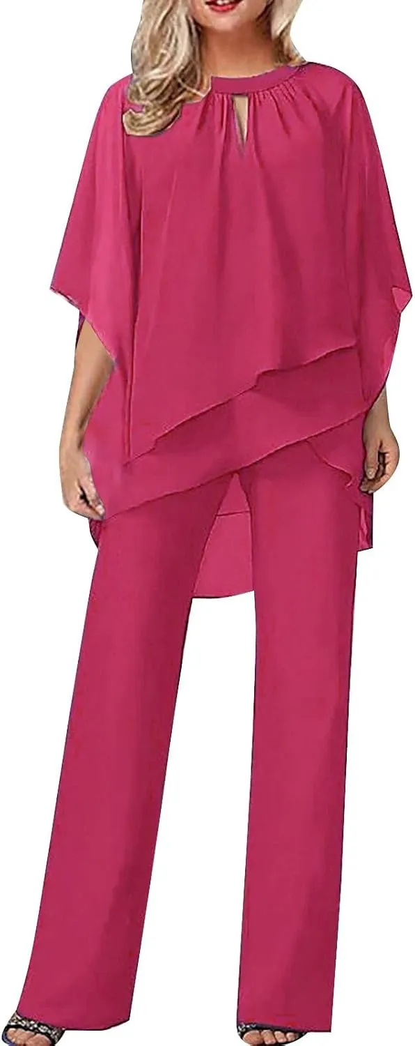 Batwing Chiffon Irregular Cover Up Tops and Wide Leg Jumpsuit for Women Plus Size 2 Piece Outfits Crewneck Pants Set