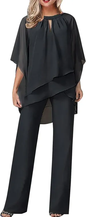 Batwing Chiffon Irregular Cover Up Tops and Wide Leg Jumpsuit for Women Plus Size 2 Piece Outfits Crewneck Pants Set