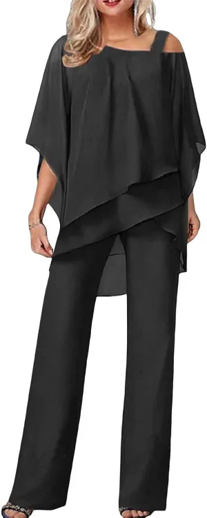 Batwing Chiffon Irregular Cover Up Tops and Wide Leg Jumpsuit for Women Plus Size 2 Piece Outfits Crewneck Pants Set