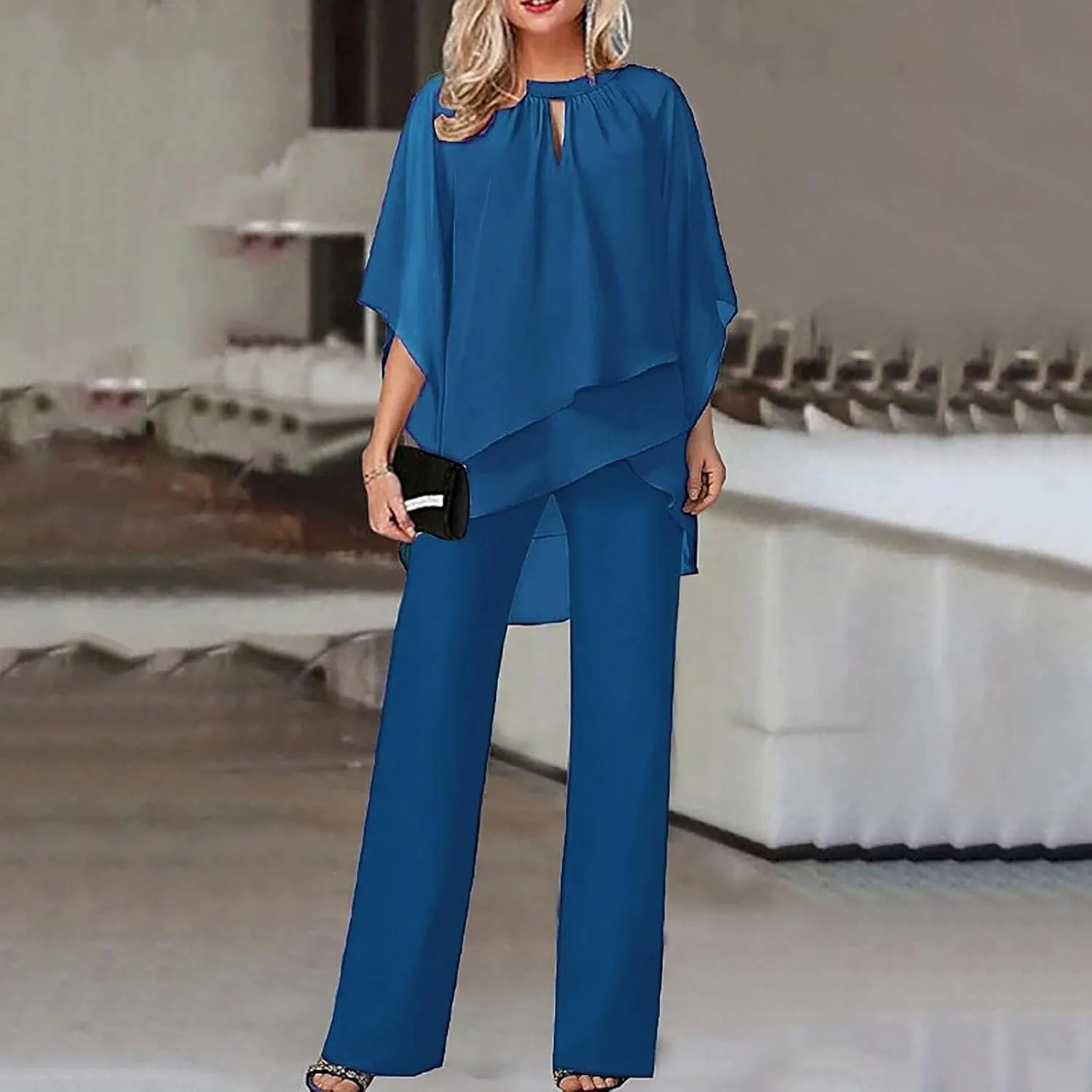 Batwing Chiffon Irregular Cover Up Tops and Wide Leg Jumpsuit for Women Plus Size 2 Piece Outfits Crewneck Pants Set