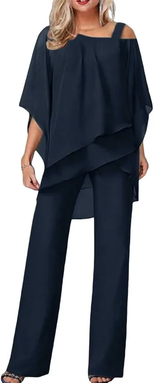 Batwing Chiffon Irregular Cover Up Tops and Wide Leg Jumpsuit for Women Plus Size 2 Piece Outfits Crewneck Pants Set