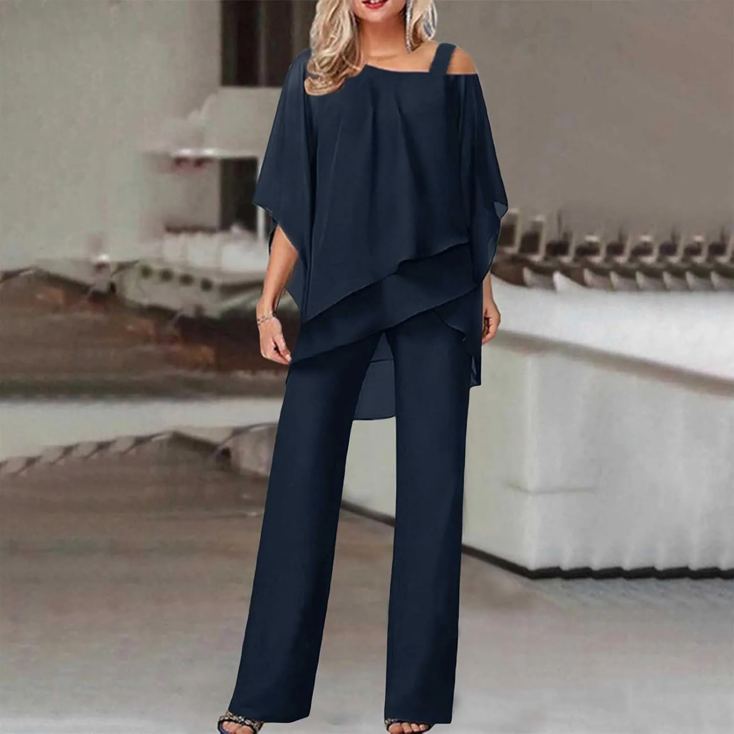 Batwing Chiffon Irregular Cover Up Tops and Wide Leg Jumpsuit for Women Plus Size 2 Piece Outfits Crewneck Pants Set