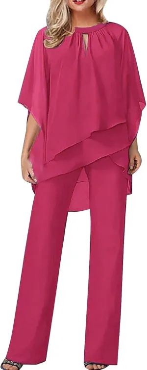 Batwing Chiffon Irregular Cover Up Tops and Wide Leg Jumpsuit for Women Plus Size 2 Piece Outfits Crewneck Pants Set