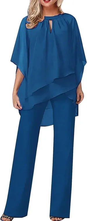 Batwing Chiffon Irregular Cover Up Tops and Wide Leg Jumpsuit for Women Plus Size 2 Piece Outfits Crewneck Pants Set