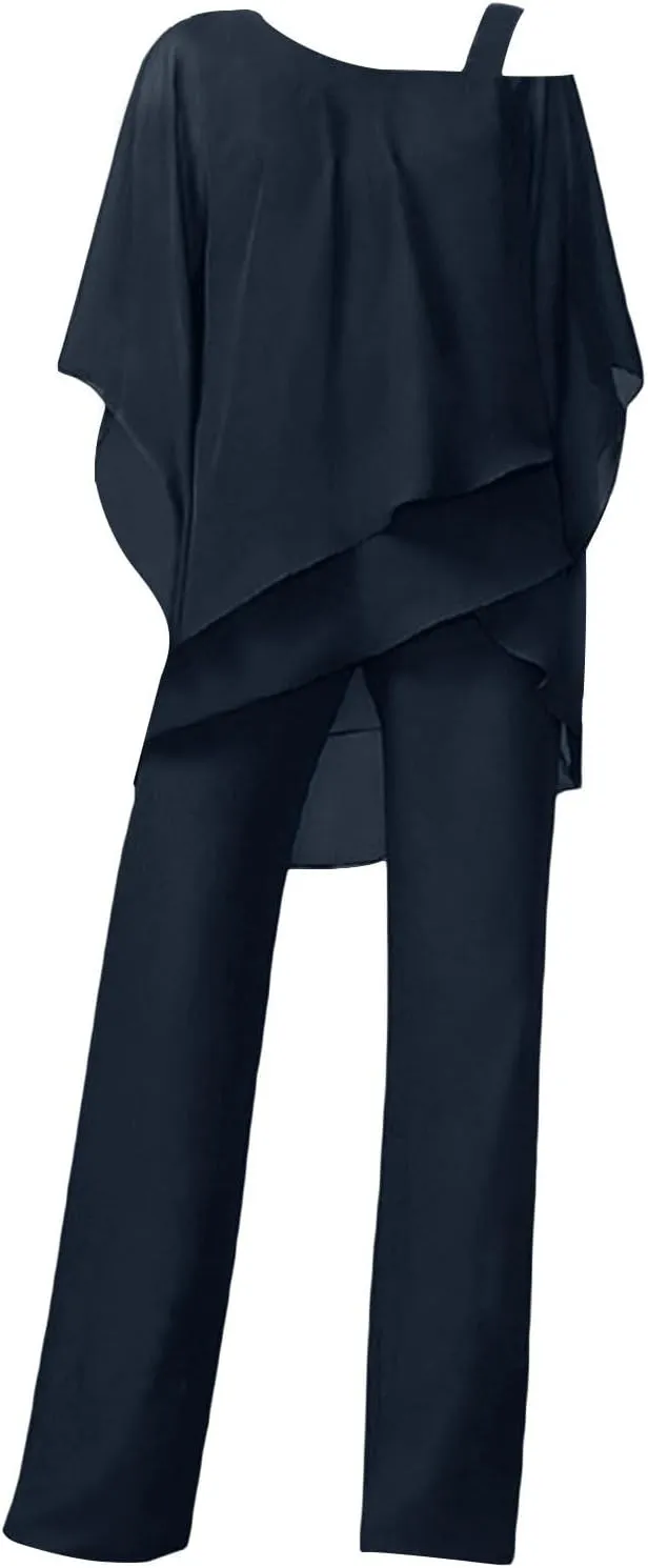 Batwing Chiffon Irregular Cover Up Tops and Wide Leg Jumpsuit for Women Plus Size 2 Piece Outfits Crewneck Pants Set