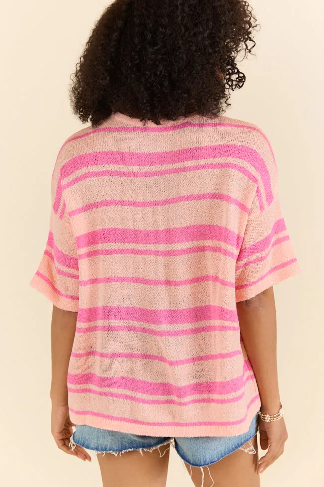 Beside Me Coral and Pink Striped Short Sleeve Sweater
