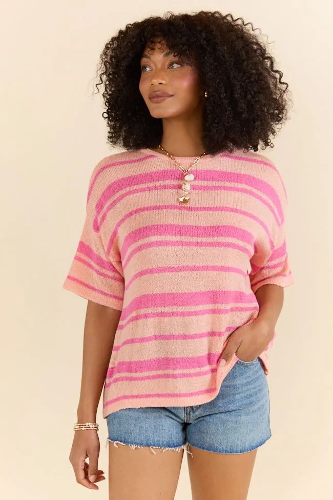 Beside Me Coral and Pink Striped Short Sleeve Sweater