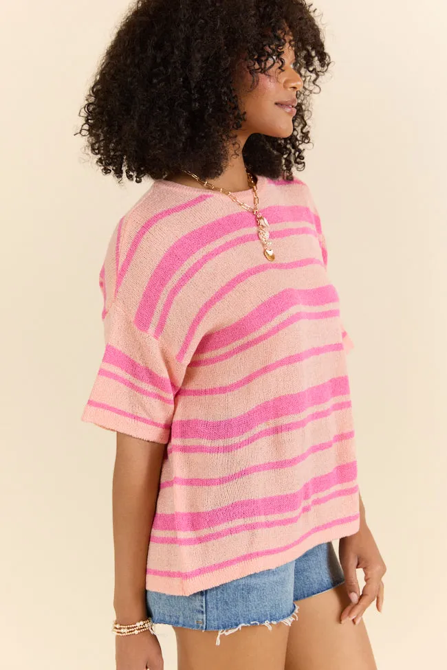 Beside Me Coral and Pink Striped Short Sleeve Sweater