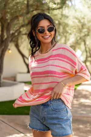Beside Me Coral and Pink Striped Short Sleeve Sweater