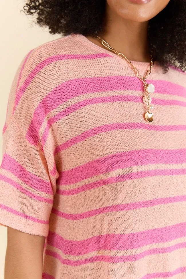 Beside Me Coral and Pink Striped Short Sleeve Sweater