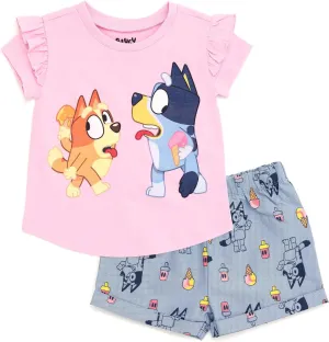 Bluey Girls T-Shirt and Chambray Shorts Outfit Set Toddler to Little Kid Sizes (2T - 7-8)