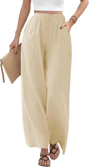 Buauty Wide Leg Linen Pants Women Plus Size Palazzo Pants High Waisted Lounge Pants Casual Comfy Flowy Beach Summer Trousers