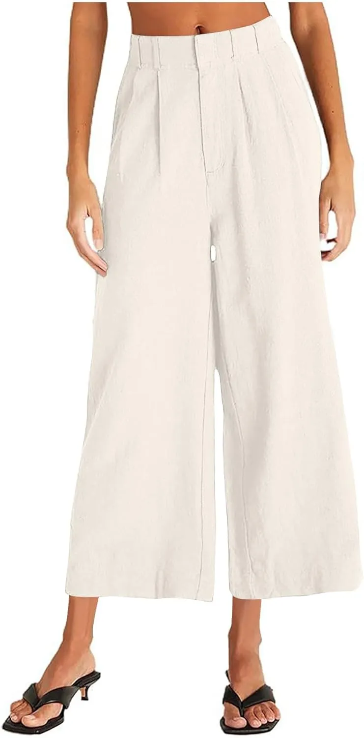 Business Casual Palazzo Pants for Women Wed Leg Linen Capri Pant Spring Summer Lounge Trouser Flowy Beach Pants Slacks