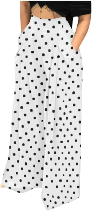 BZGTZT Women Wide Leg Pants Polka Dot Print Palazzo Pants Elastic High Waist Loose Fit Pleated Flowy Business Pants Trousers