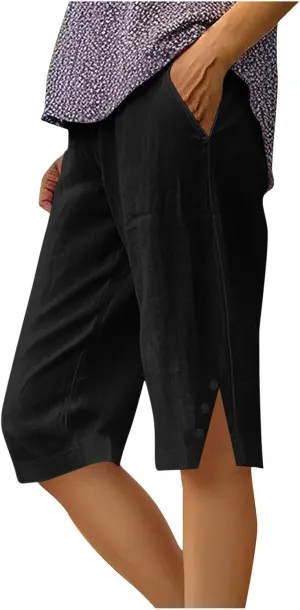 Capri Pants for Women 2025 Knee Length Cotton Linen Capris Summer Straight Leg Loose Beach Bermuda Shorts with Pocket