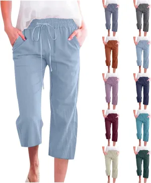 Capri Pants for Women 2025 Summer Casual Straight Leg Linen Pants with Pockets Elastic High Waisted Drawstring Beach Trousers