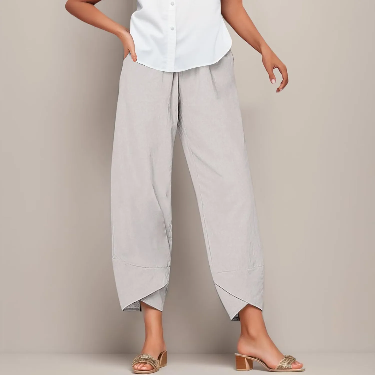 Capri Pants for Women Casual Cotton Linen Wide Leg Cropped Trousers Summer Trendy Lounge Palazzo Pant with Pockets