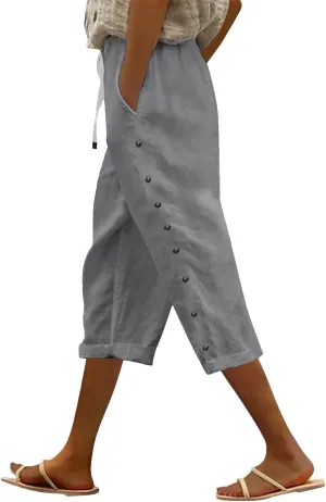Capri Pants for Women Casual Summer Drawstring High Waisted Cotton Linen Pants Beach Vacation Clothes with Pockets
