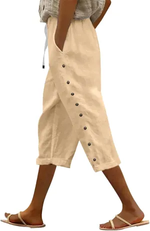 Capri Pants for Women Casual Summer Drawstring High Waisted Cotton Linen Pants Beach Vacation Clothes with Pockets