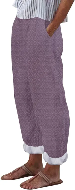 Capri Pants for Women Cotton Linen Elastic High Waisted Straight Leg Lounge Pants Casual Loose Summer Trousers