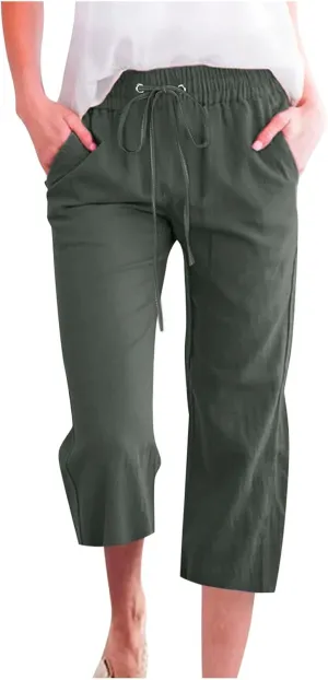 Capris Pants for Women 2025 Cotton Linen Summer Plus Size Capri High Waist Elastic Straight Leg Beach Cropped Pants